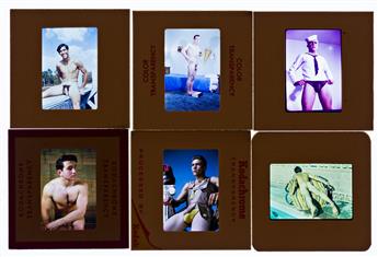 (MALE PHYSIQUE MODELS) A group of approximately 240 35mm color slides depicting male models in casual, studio, and outdoor settings.